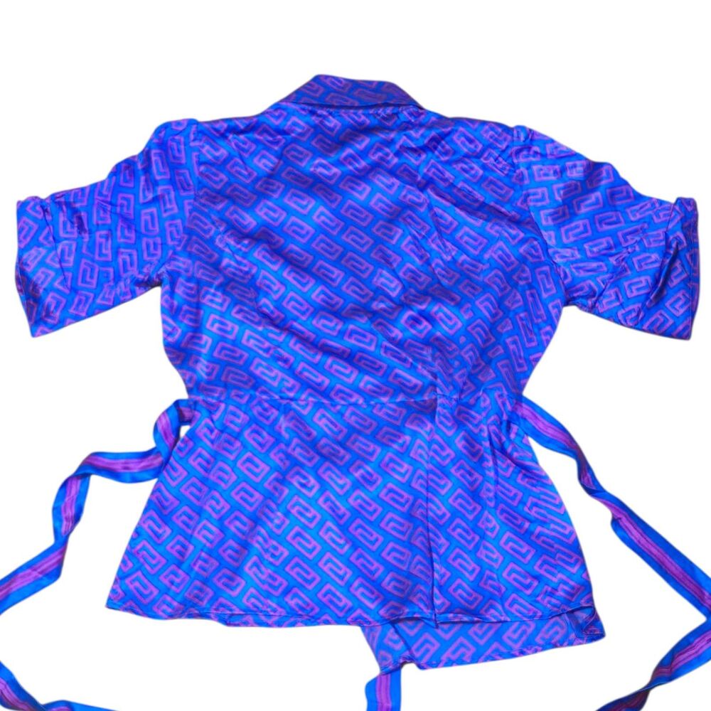 VTG ECI New York 100% Silk Blouse Asymmetric Wrap Geometric Purple Blue Size 14 - Picture 6 of 8
